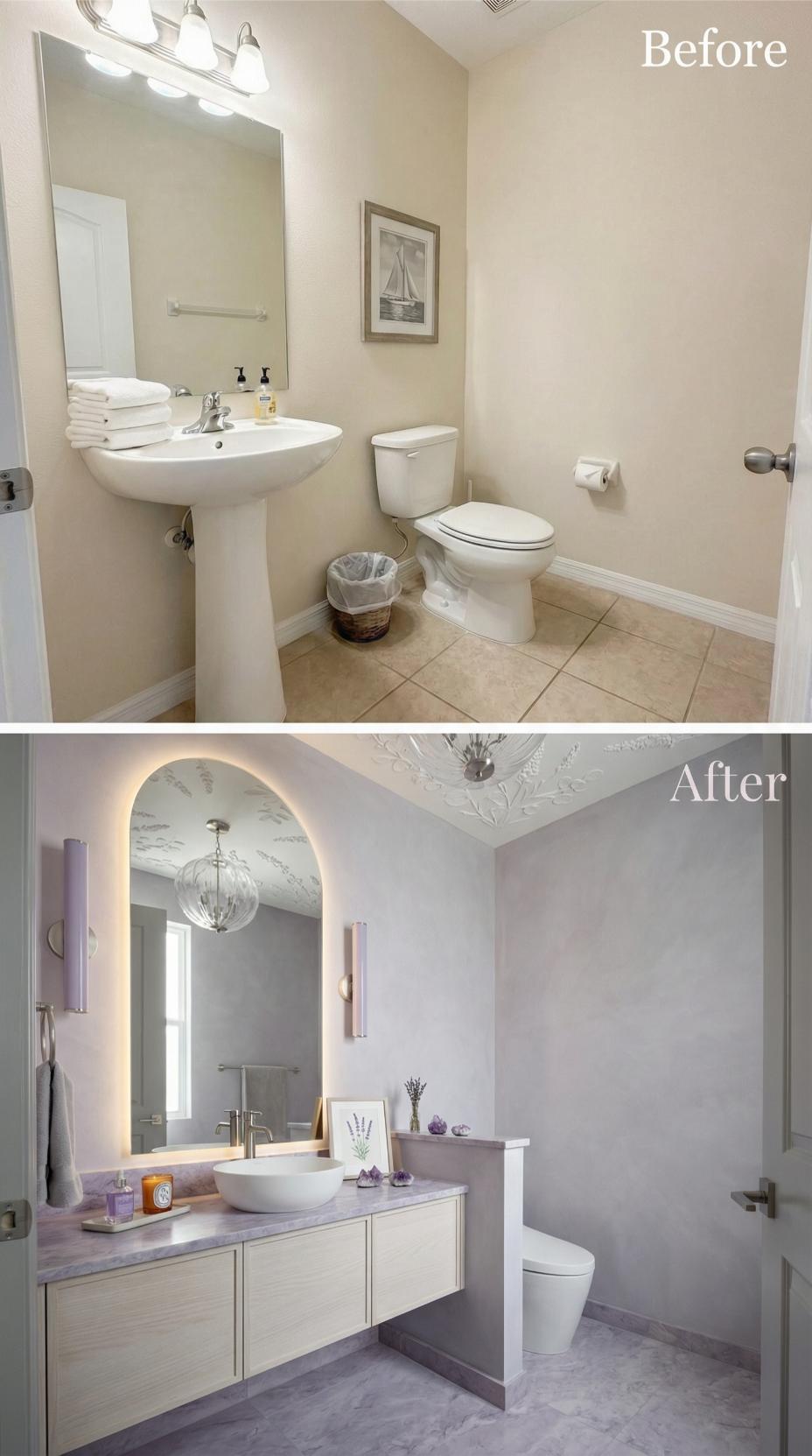 Lavender Ceiling Mural and Arched LED Mirror Obliterate Pedestal Beige