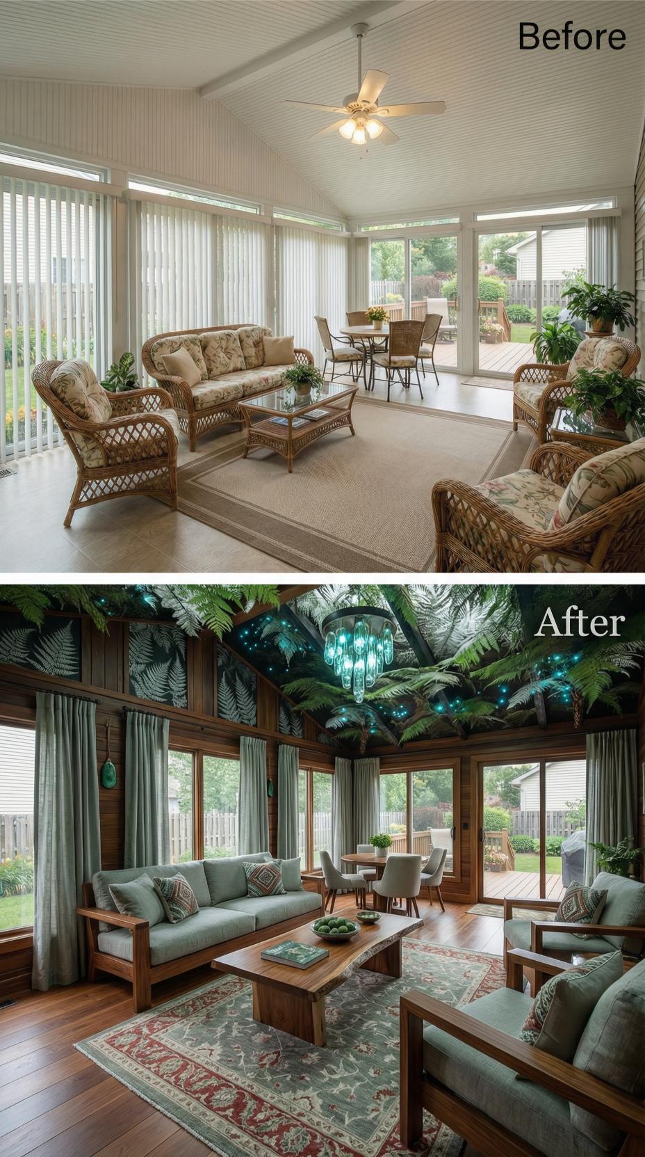 Beadboard Neutrality Replaced by Tropical Ceiling Mural and Teal Chandelier