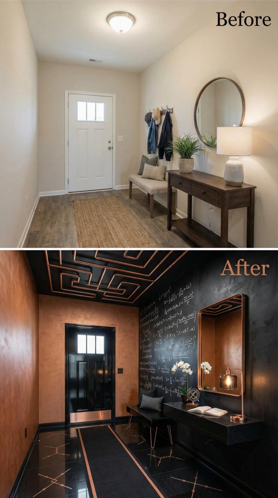 Copper Geometric Ceiling and Chalkboard Physics Convert Beige Entryway