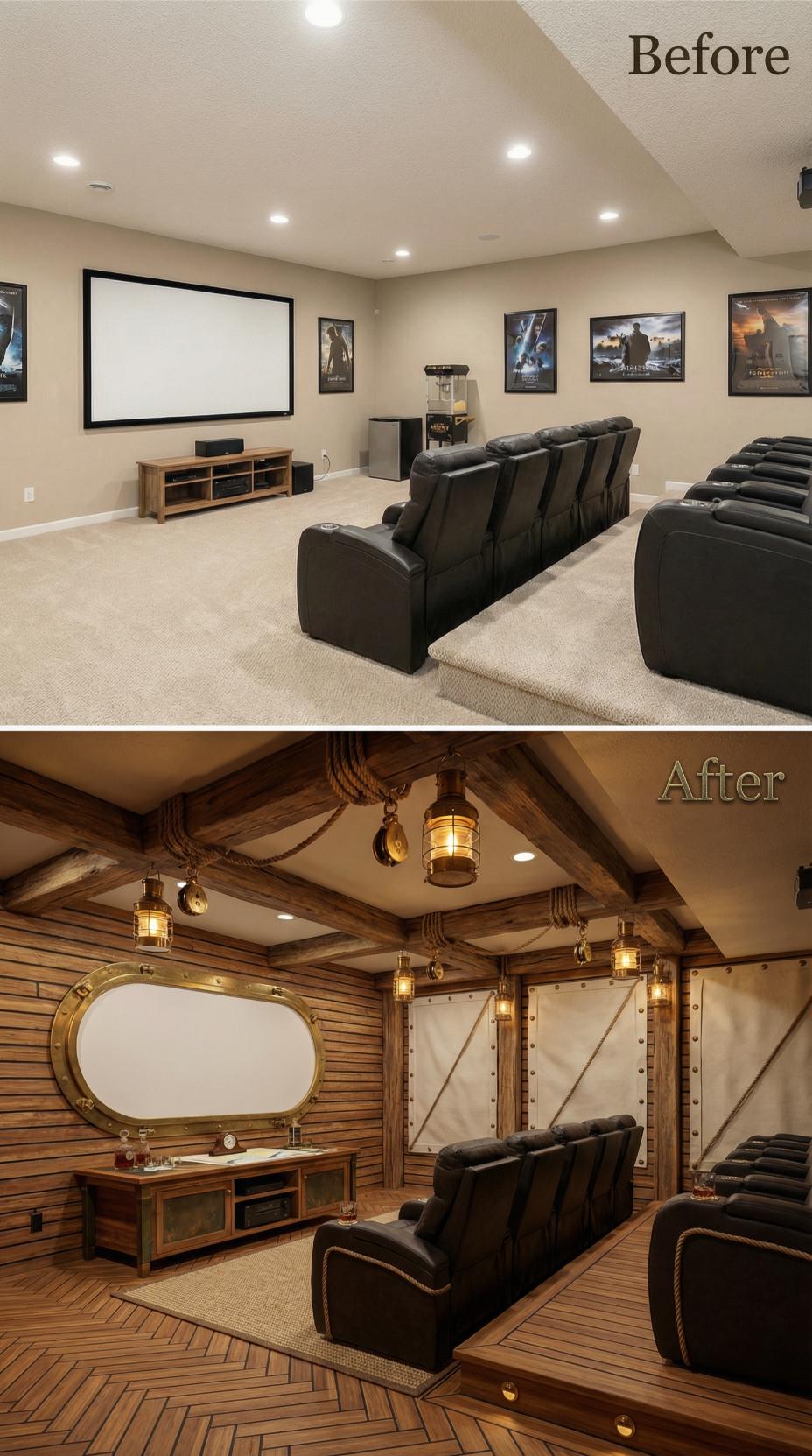 Nautical Teak Planks and Brass Porthole Conquer Beige Home Theater