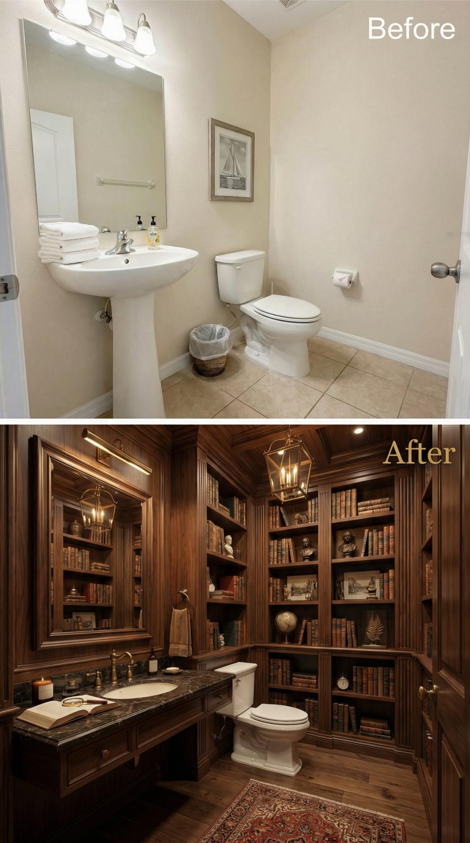 Library Paneling in Walnut and Brass Lanterns Displace Pedestal Beige