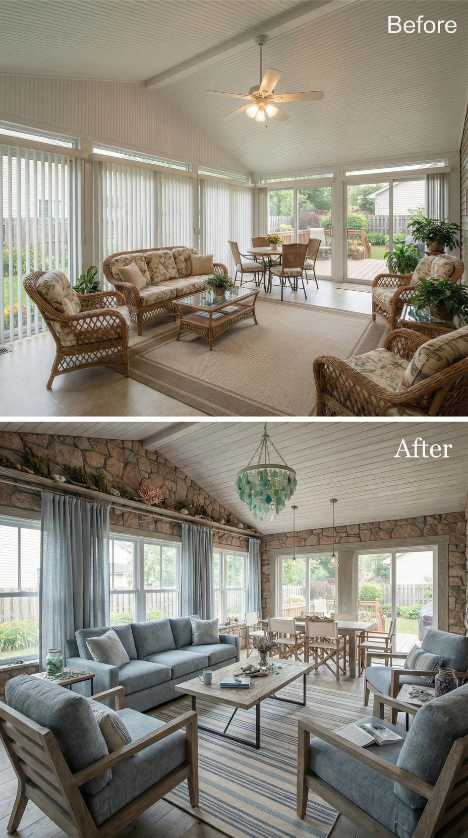 Stone Veneer and Blue Linen Replace Beige Wicker and Vertical Slats