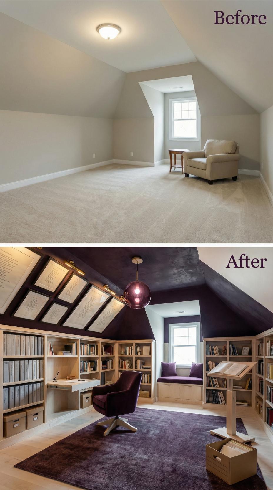 Purple Sphere Pendant Anchors Light Oak Library with Window Seat Nook