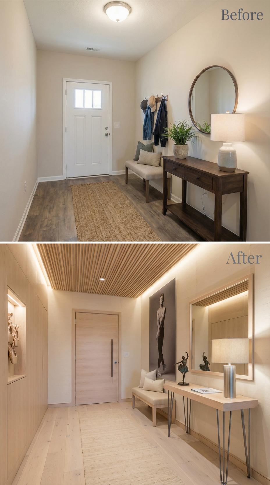 Slatted Wood Ceiling and Backlit Mirror Replace Neutral Staging