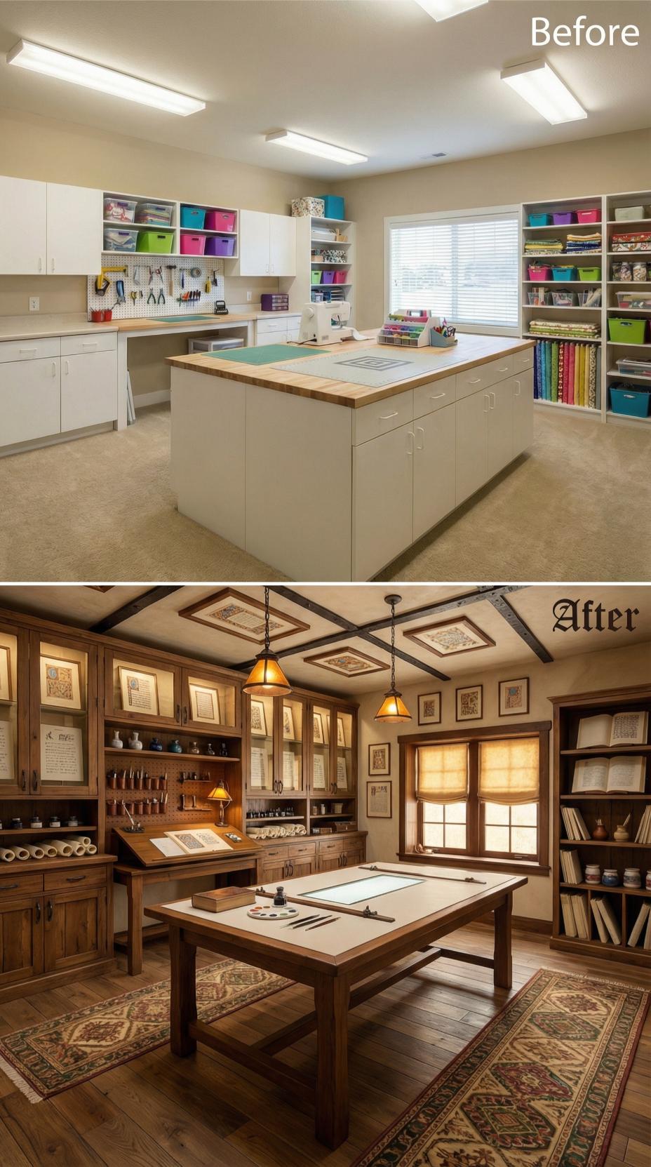 Laminate Craft Island Yields to Monastery Scriptorium with Exposed Beams