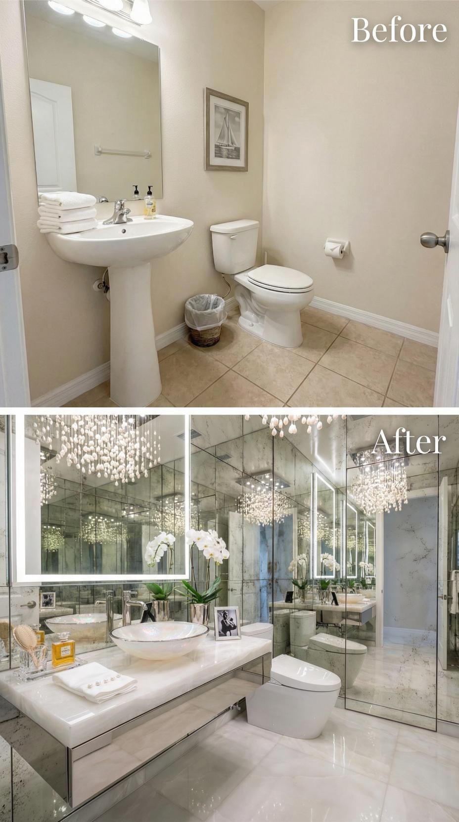 Mirrored Wall Panels and Capiz Shell Chandelier Reclaim Pedestal Territory