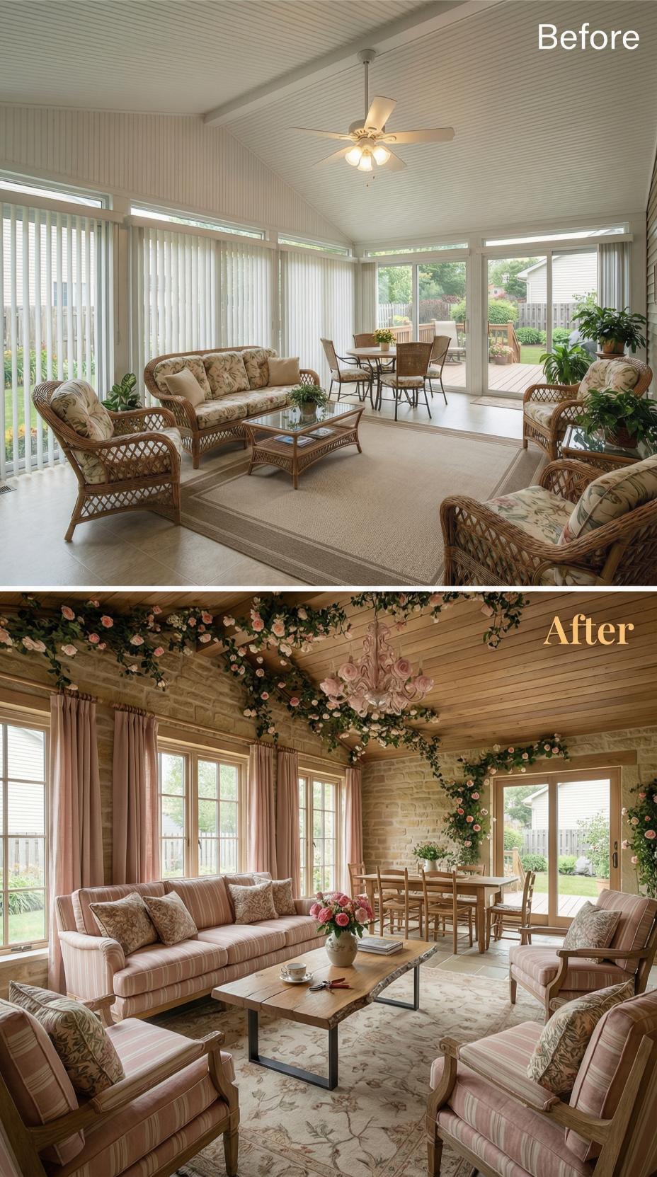 Wicker Lattice and Vertical Blinds Ousted by Brick Veneer and Floral Garland
