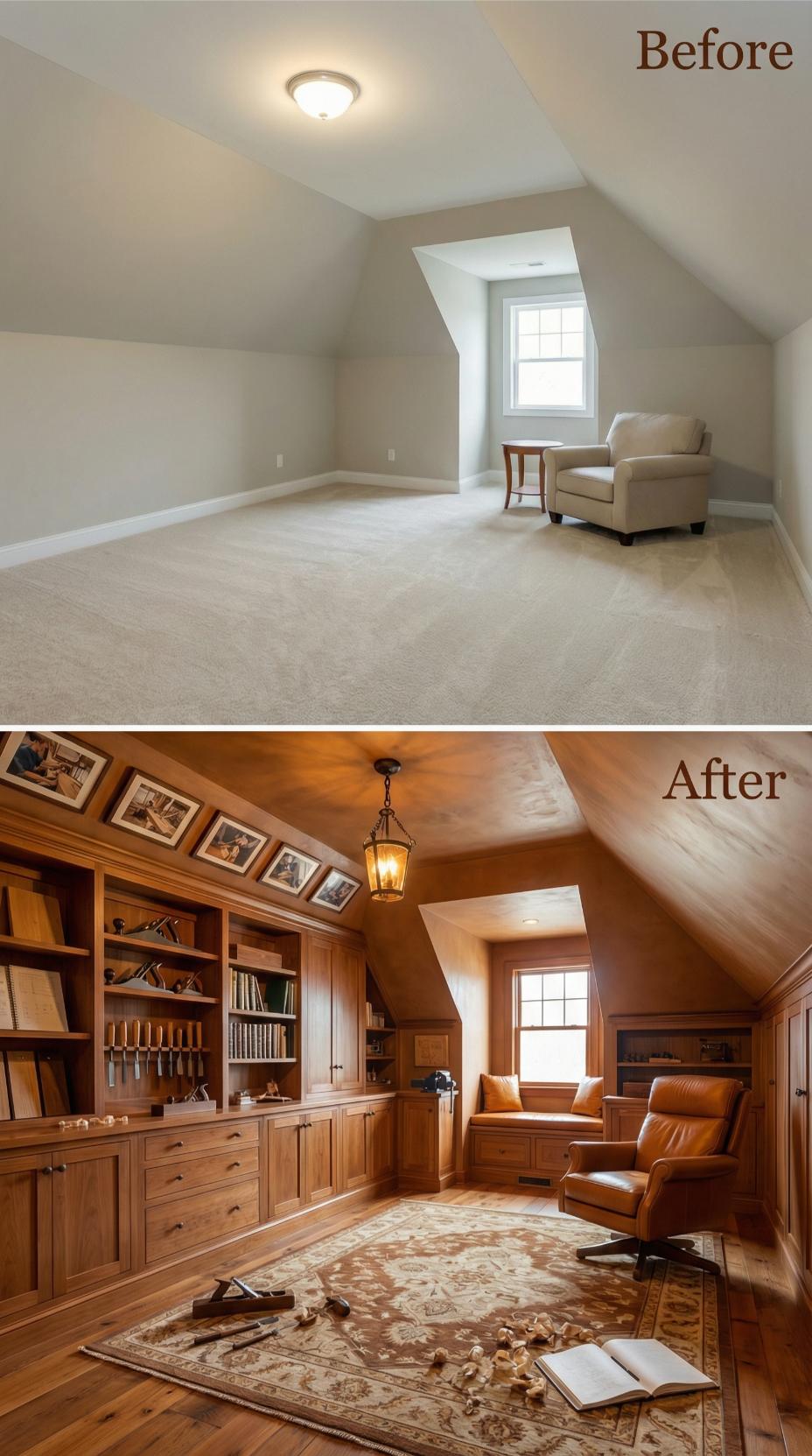 Warm Honey Cabinetry Wraps Leather-Furnished Reading Retreat