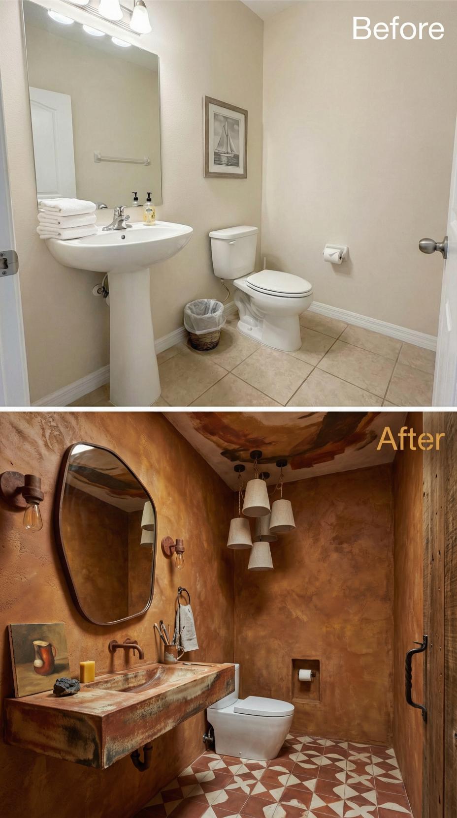 Terracotta Venetian Plaster and Live-Edge Slab Vanity Erase Every Beige Line