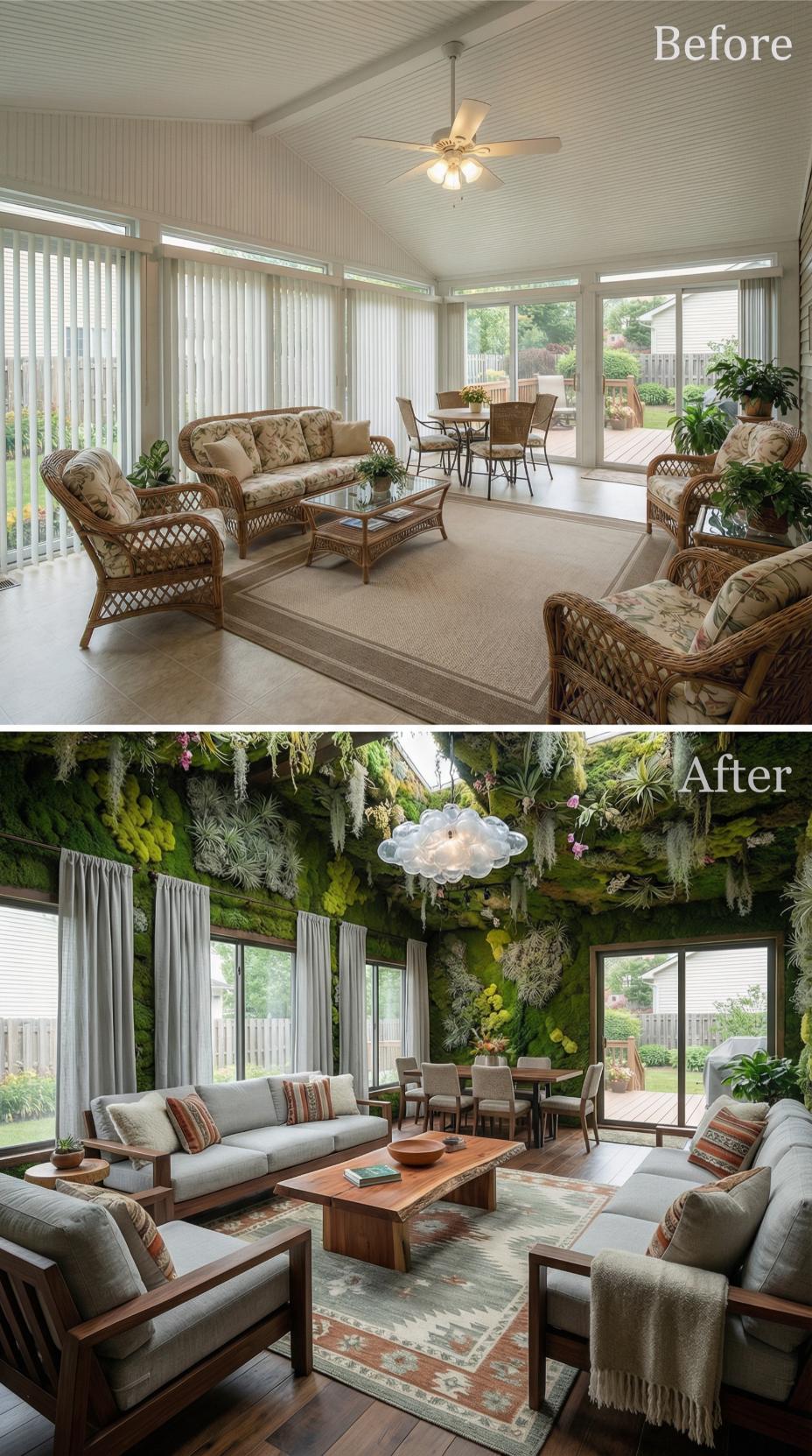 Dated Wicker and Ceiling Fan Replaced by Living Moss Wall and Modern Teak