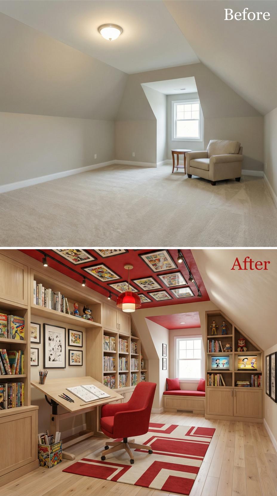 Candy-Red Comic Book Studio with Framed Ceiling Grid and Drafting Table