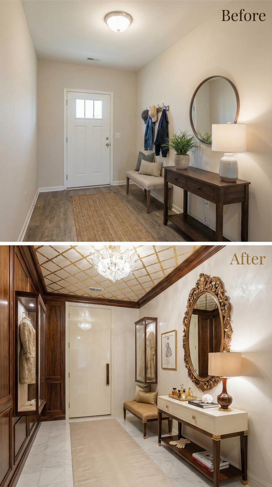 Lattice Ceiling Treatment and Crystal Chandelier Replace Flush Mount Entry