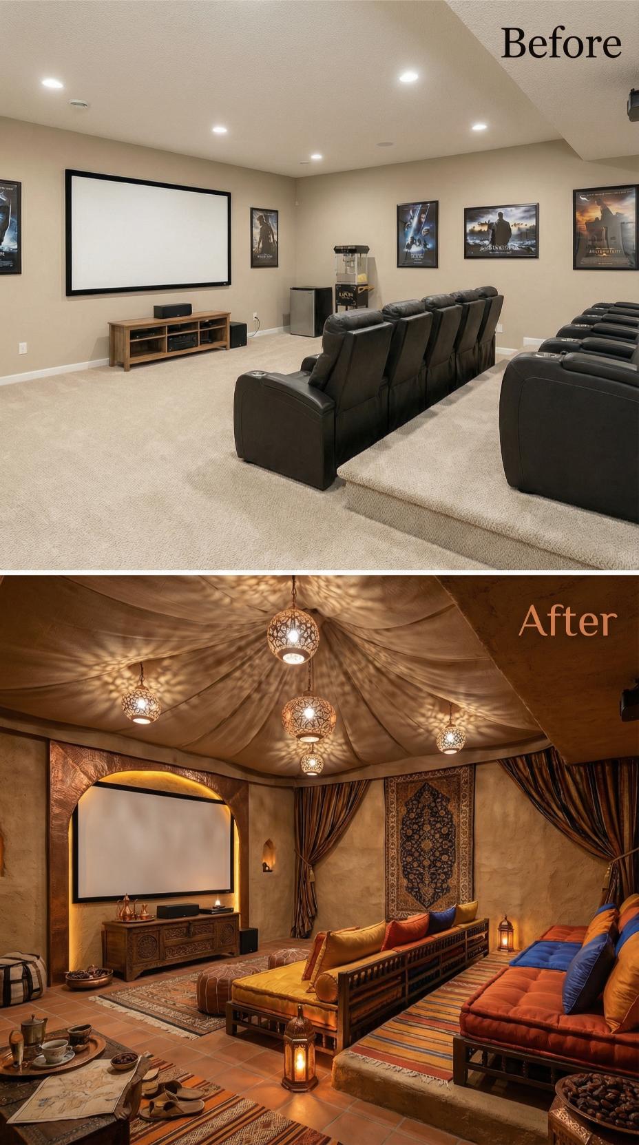 Moroccan Tent Draping and Lantern Constellation Replace Carpeted Recliner Rows