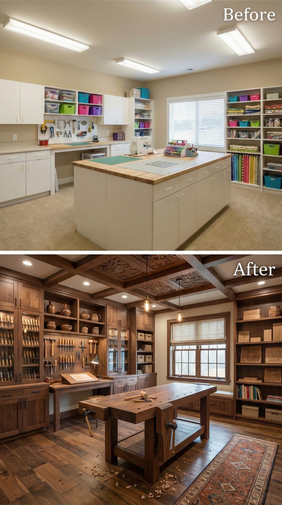 White Melamine Cubbies Transform into Walnut Woodworking Studio