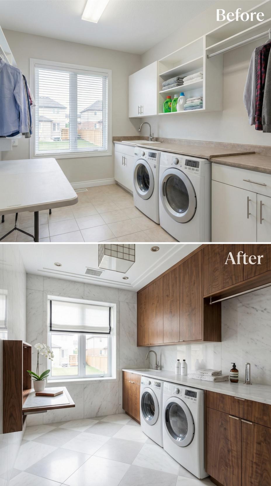 Walnut Cabinetry and Marble Hexagon Tile Displace Beige Laminate