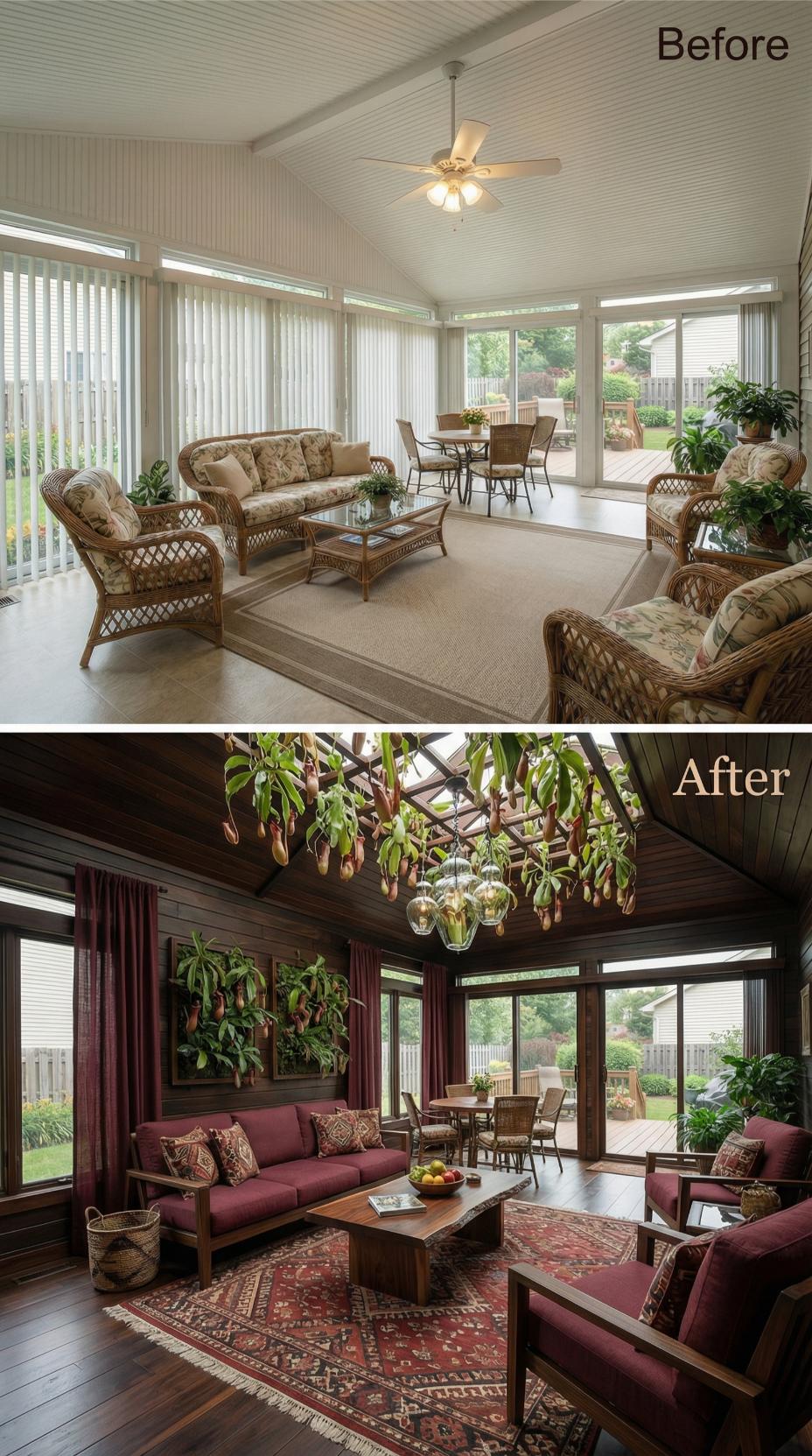 Wicker Florals and Beadboard Ceiling Exit for Dark Walnut and Pitcher Plant Suspension