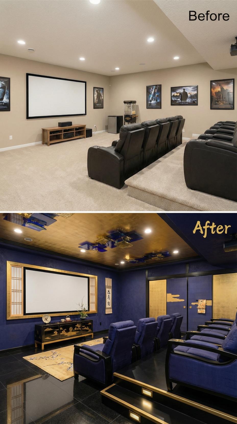 Gold Leaf Ceiling and Indigo Shoji Latticework Replace Beige Theater