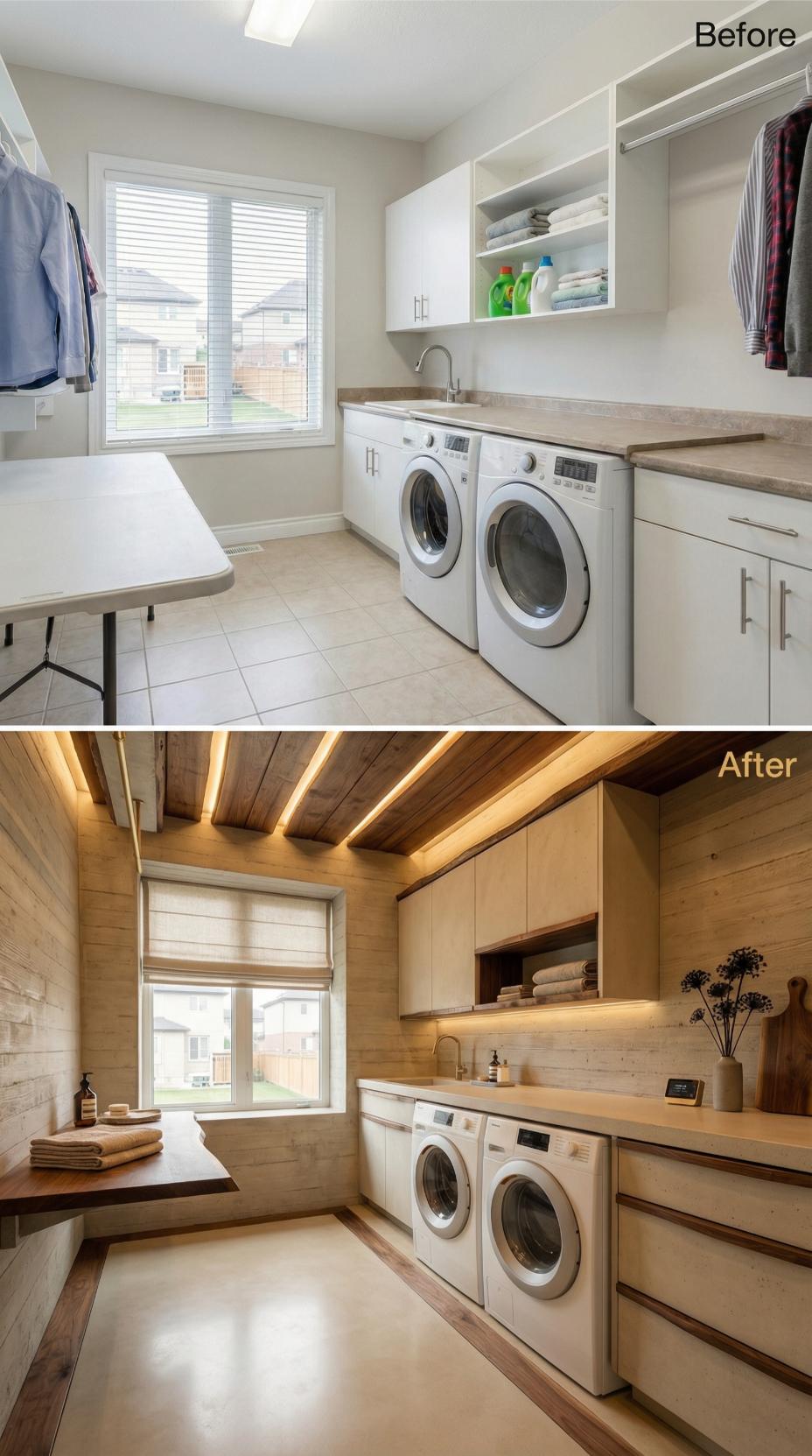 LED-Lit Wood Ceiling and Honey Cabinetry Discard White Laminate