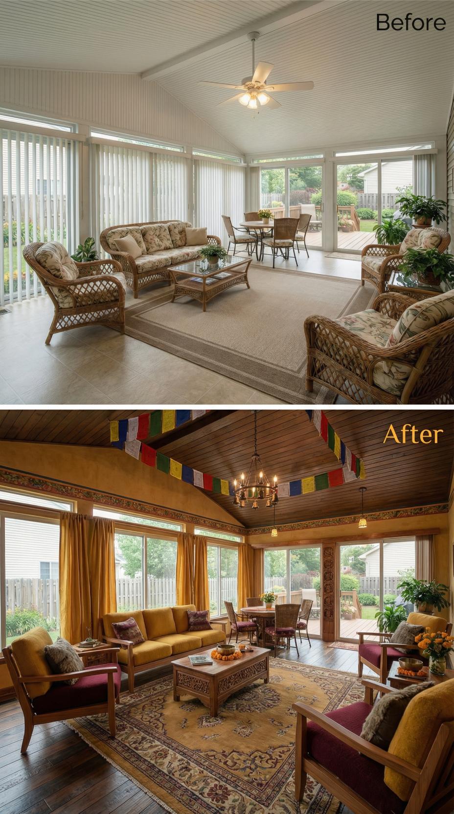 Prayer Flags and Mustard Walls Overtake Neutral Wicker and Beaded Ceiling