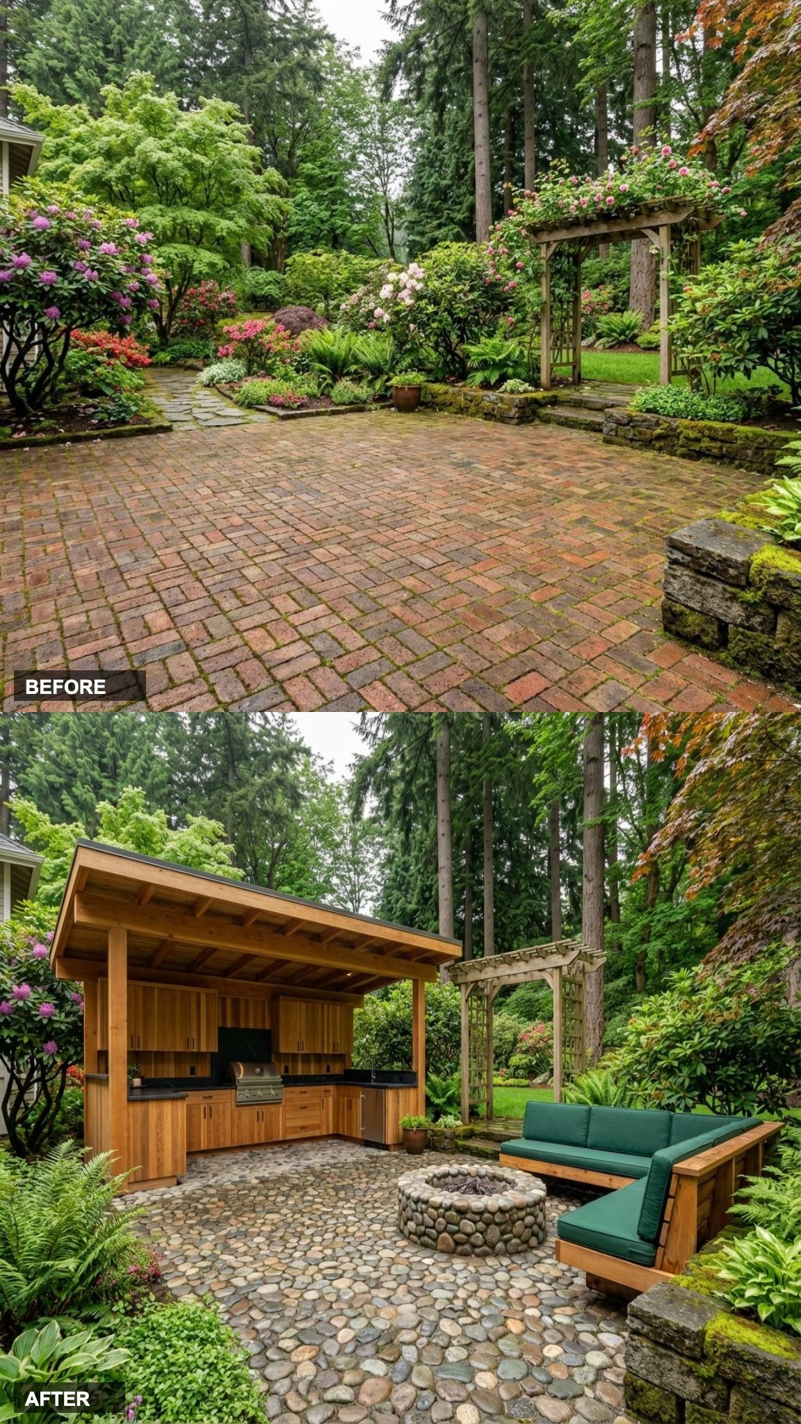 Cedar and River Cobble: The Outdoor Kitchen Sanctuary Version With a Water Feature That Earns Its Place
