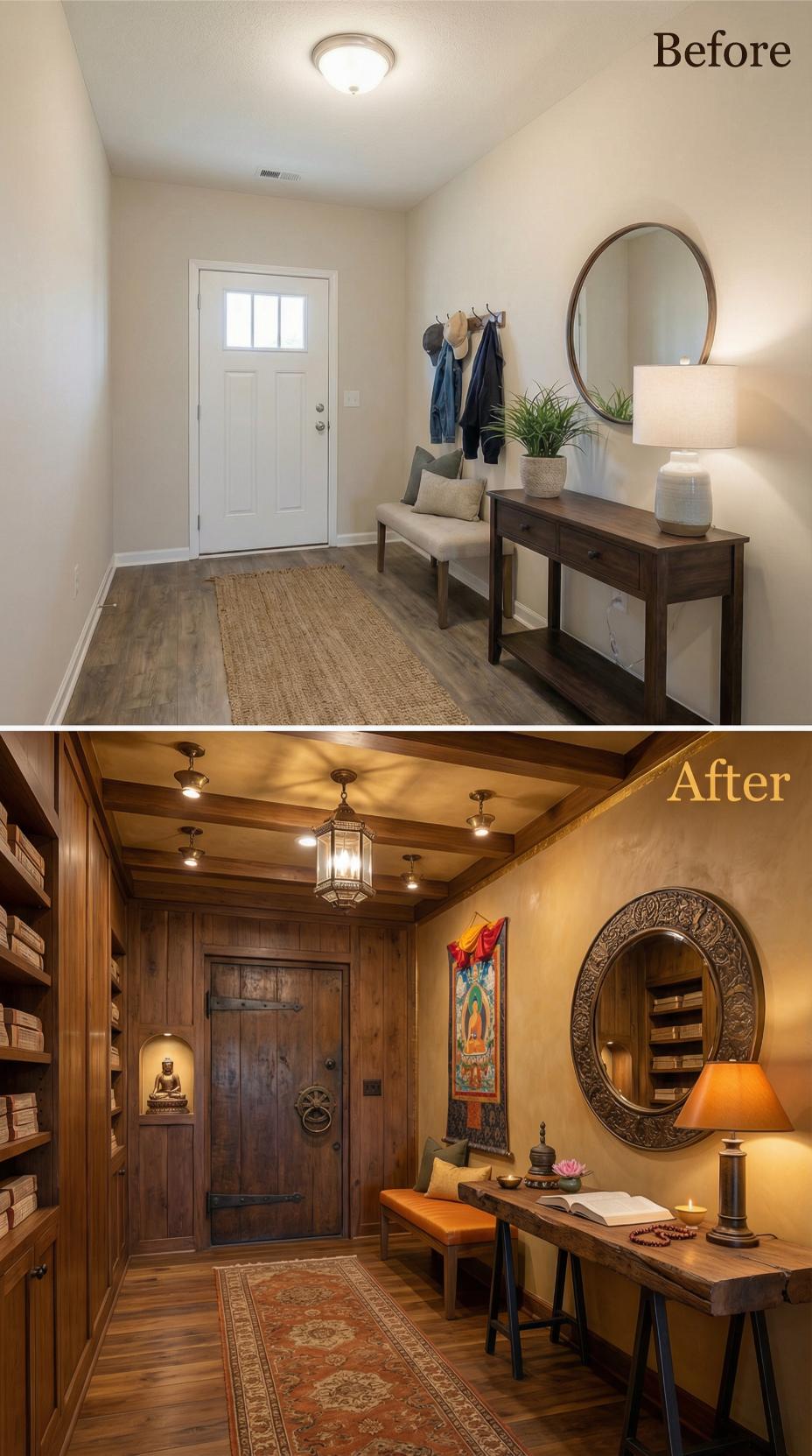 Carved Teak Shelves and Moroccan Pendant Lights Create Meditative Entry