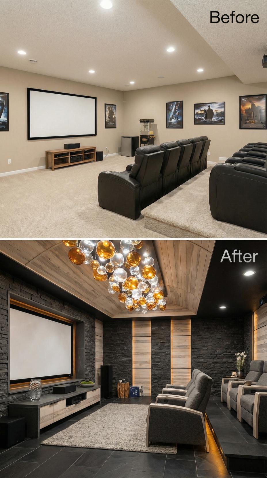 Charcoal Ledgestone and Amber Glass Spheres Replace Beige Theater Rows
