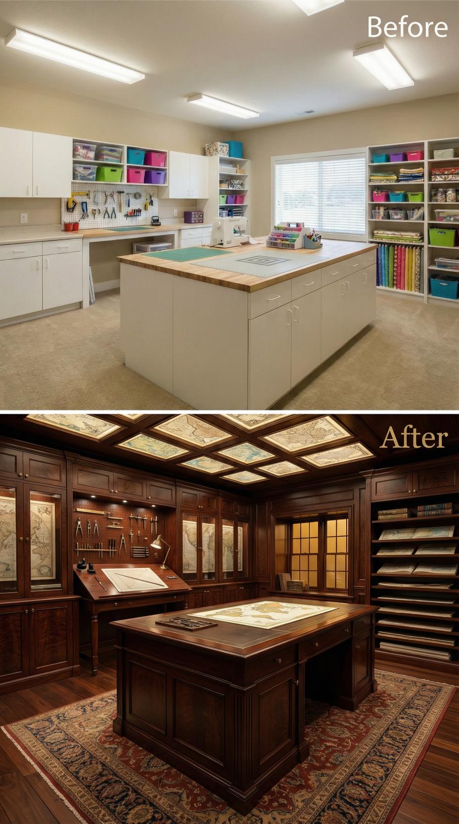 Organized Laminate Storage Becomes Dark Walnut Cartography Room