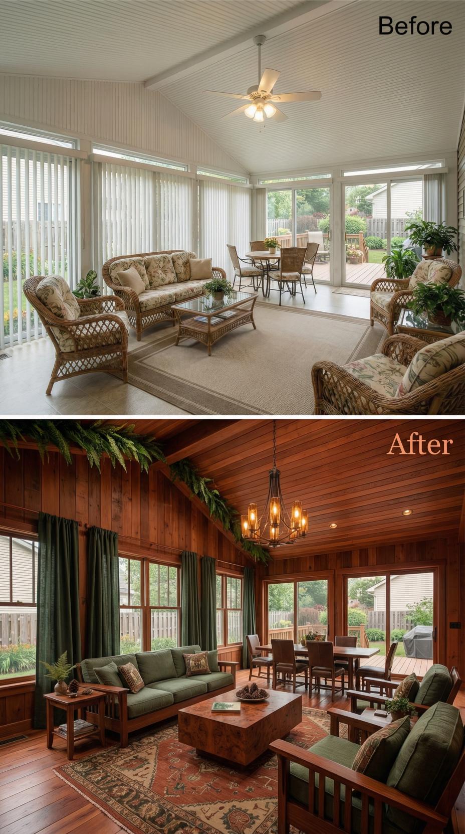 Beige Vertical Blinds Replaced by Cedar Planking and Craftsman Furniture