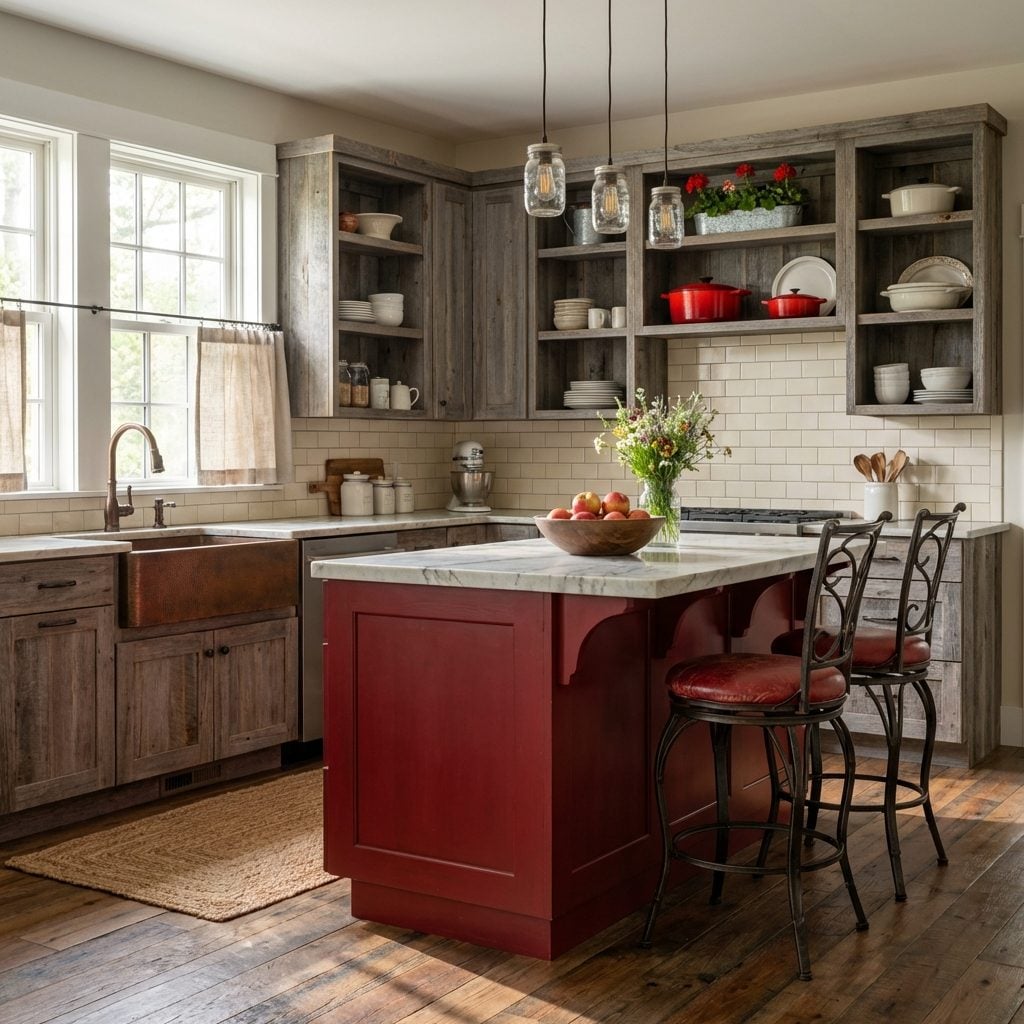 Weathered Wood Cabinets Frame a Bold Crimson Island with Marble Countertop