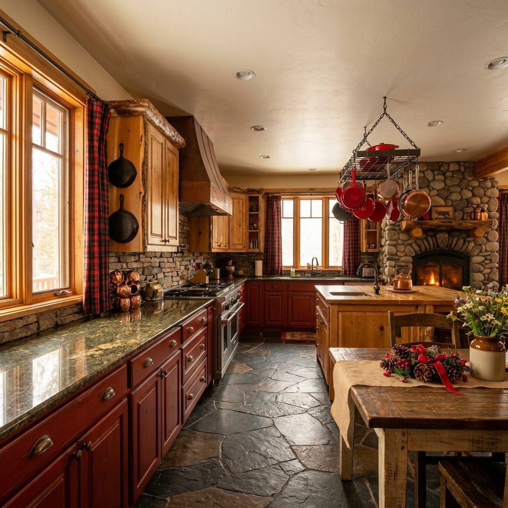 Crimson Base Cabinets Anchor Stone Fireplace Kitchen with Copper Pot Chandelier