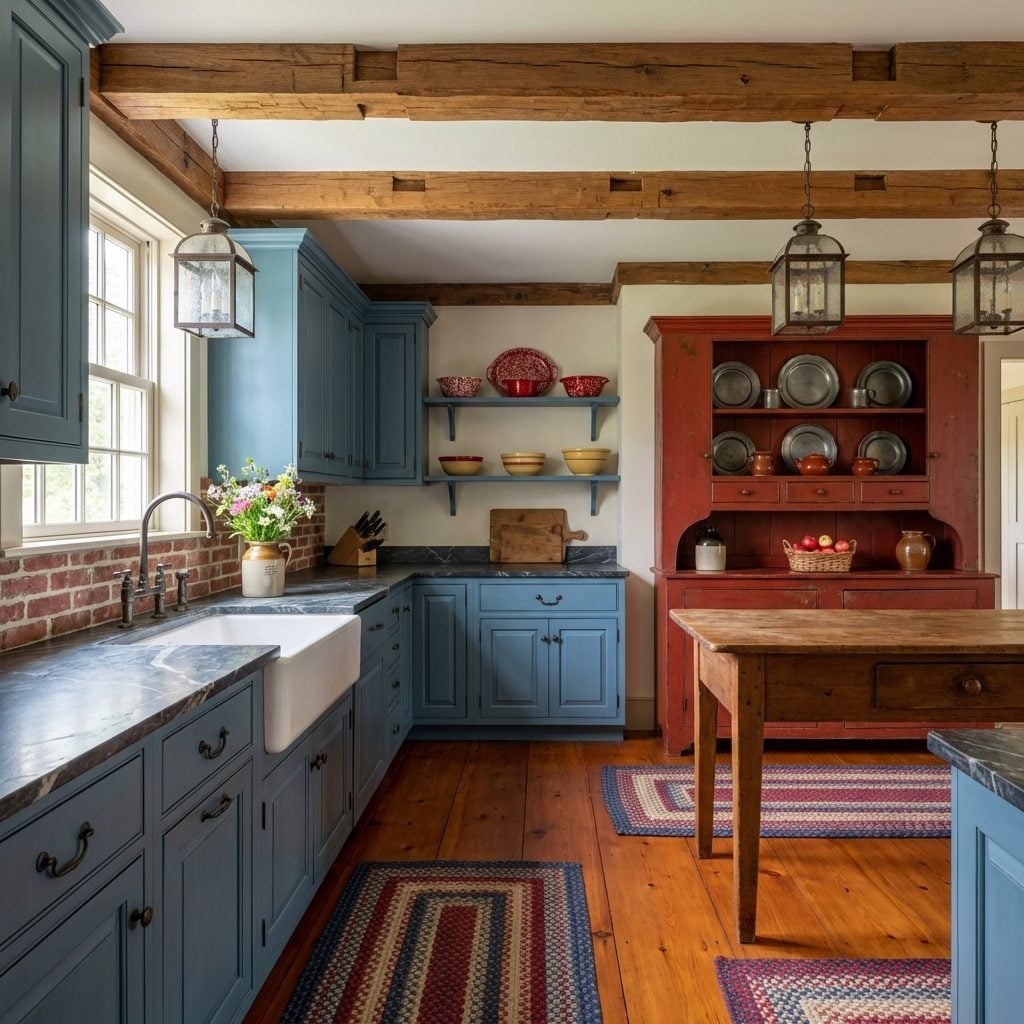 Dusty Teal Cabinets Partner with Brick Red Welsh Dresser and Exposed Beam Ceiling