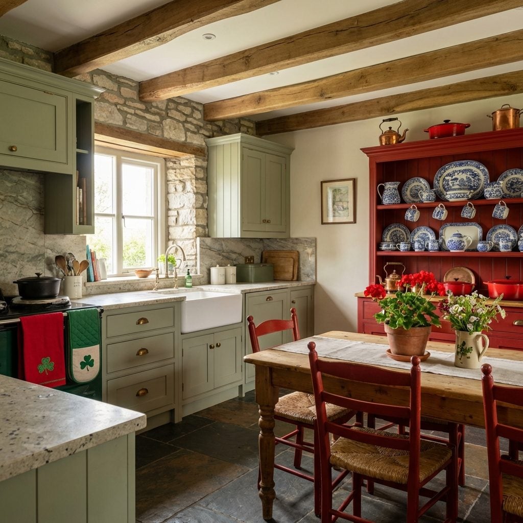 Coral Red Hutch Displays Blue and White China Against Sage Green Perimeter