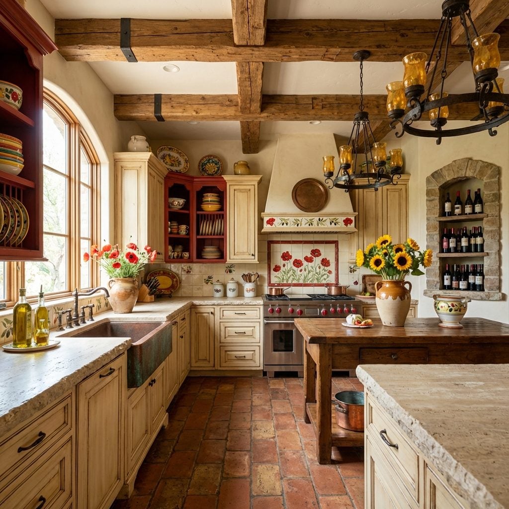 Hand-Painted Poppy Tiles Create Focal Point Above Professional Range with Red Knobs