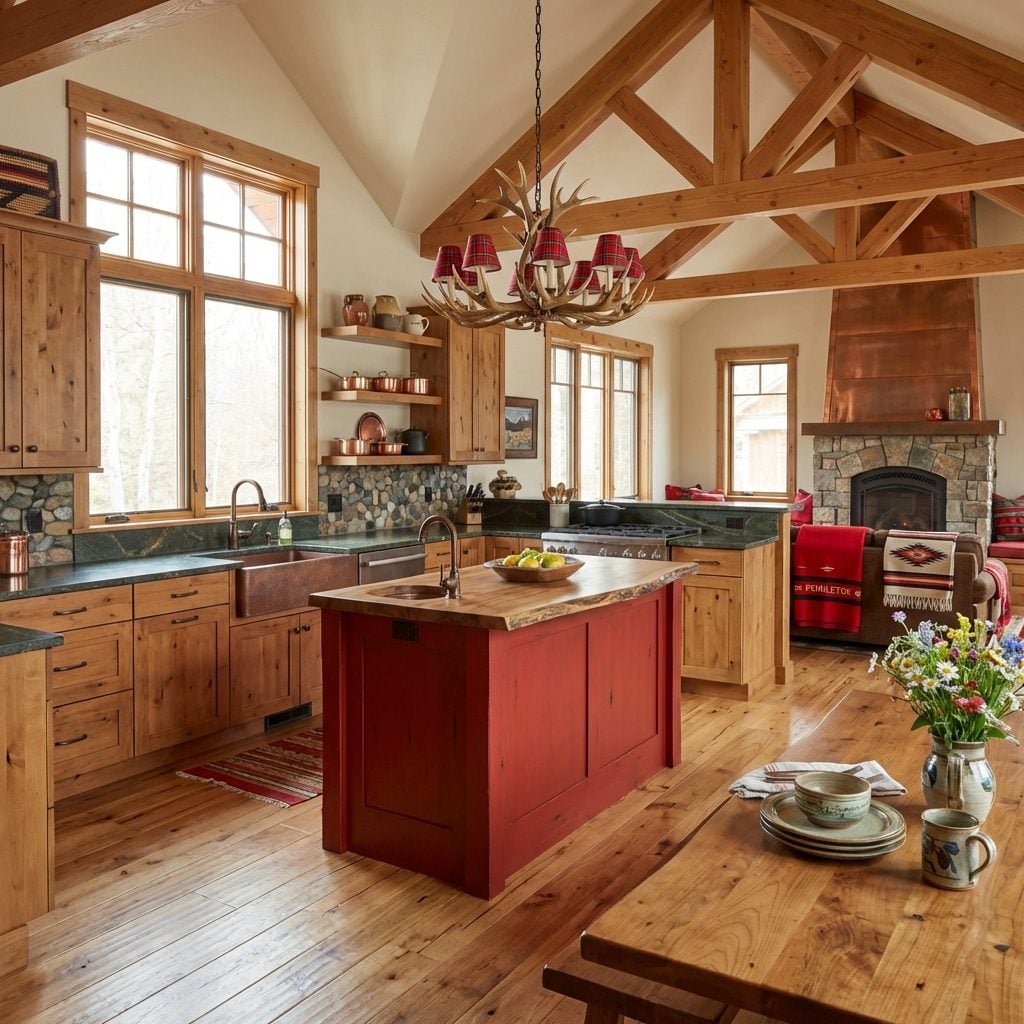 Exposed Beam Vaulted Ceiling Frames Burgundy Island with Native American Textiles