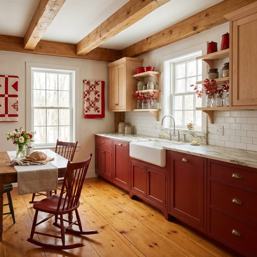 Pine Wide-Plank Floors Ground Barn Red Base Cabinets with Farmhouse Sink