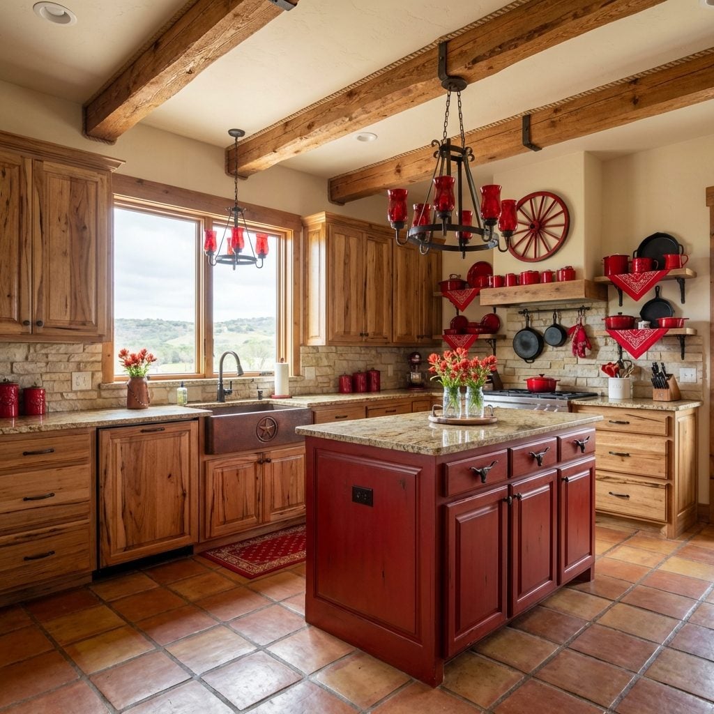 Reclaimed Beams Float Above Crimson Island and Terracotta Tile Floors