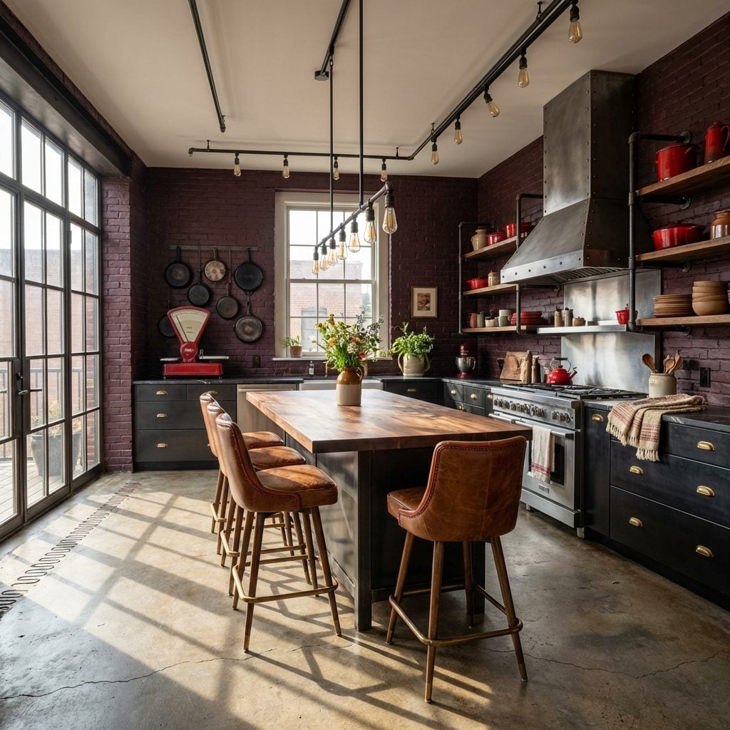 Industrial Black Track Lighting Crowns Charcoal Cabinets and Red Cookware