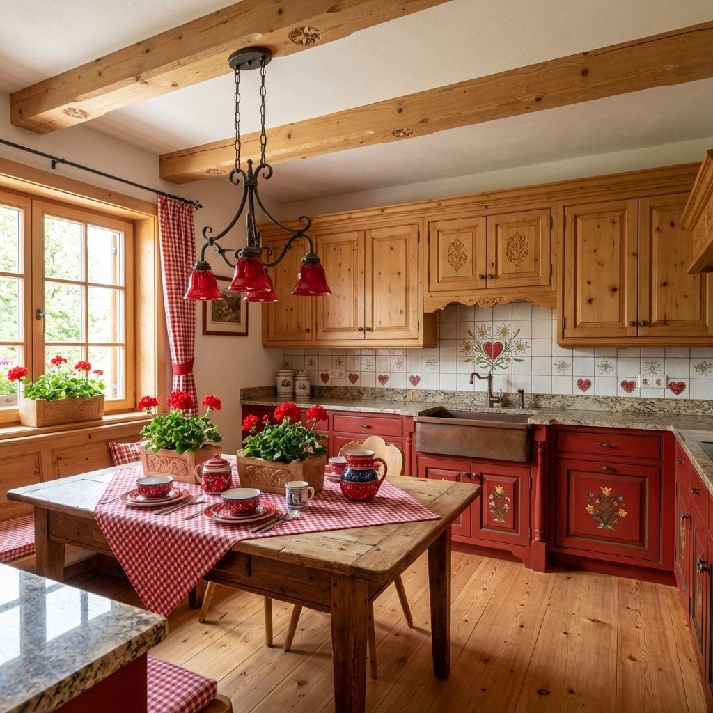 Heart-Motif Tiles Crown Cherry Red Base Cabinets with Carved Botanical Details