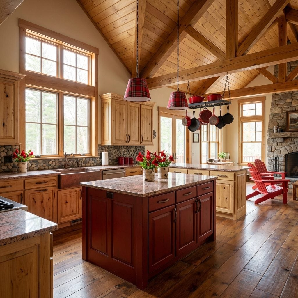 Tartan Pendant Lights Dangle Over Cherry Wood Island in Exposed Beam Cathedral Kitchen