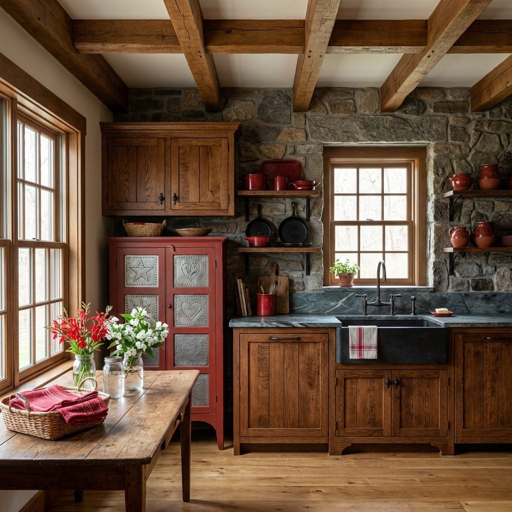 Punched Tin Pie Safe Anchors Stone Wall Kitchen with Soapstone Counters