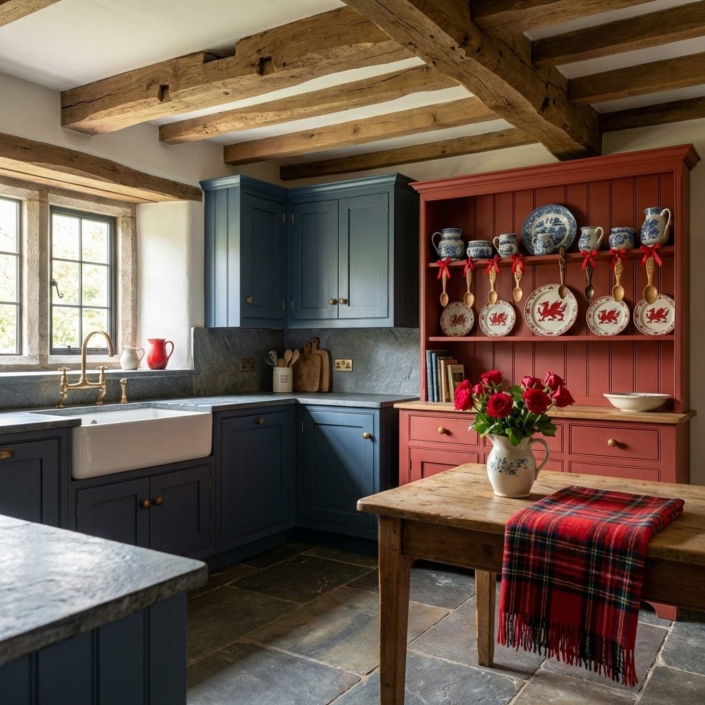 Welsh Dragons Dance Across Coral Dresser Plates Beneath Weathered Oak Ceiling Beams