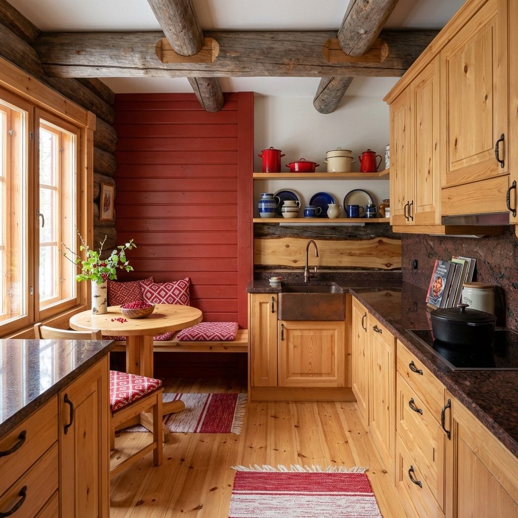 Burgundy Shiplap Nook Frames Built-In Banquette with Red Geometric Cushions