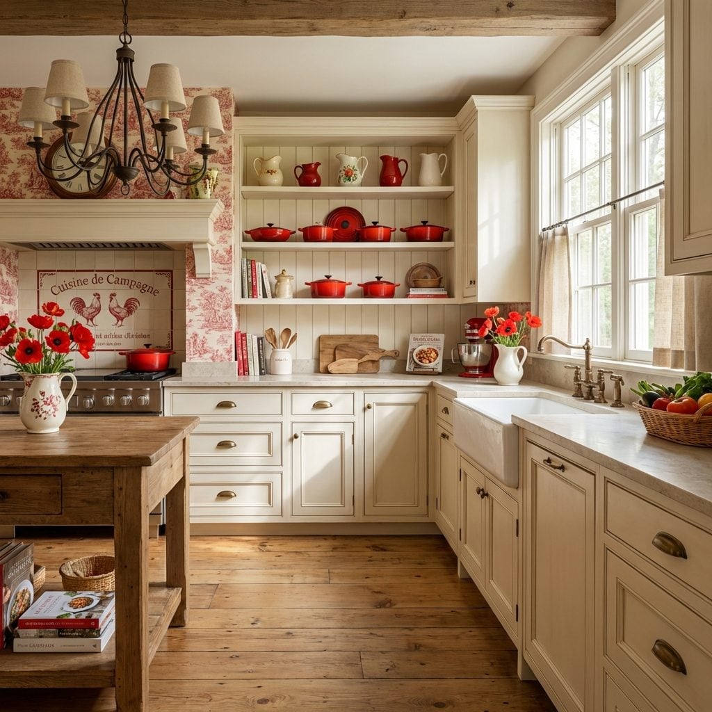 Open Shelving Displays Cherry Red Cast Iron Against Cream Painted Cabinets