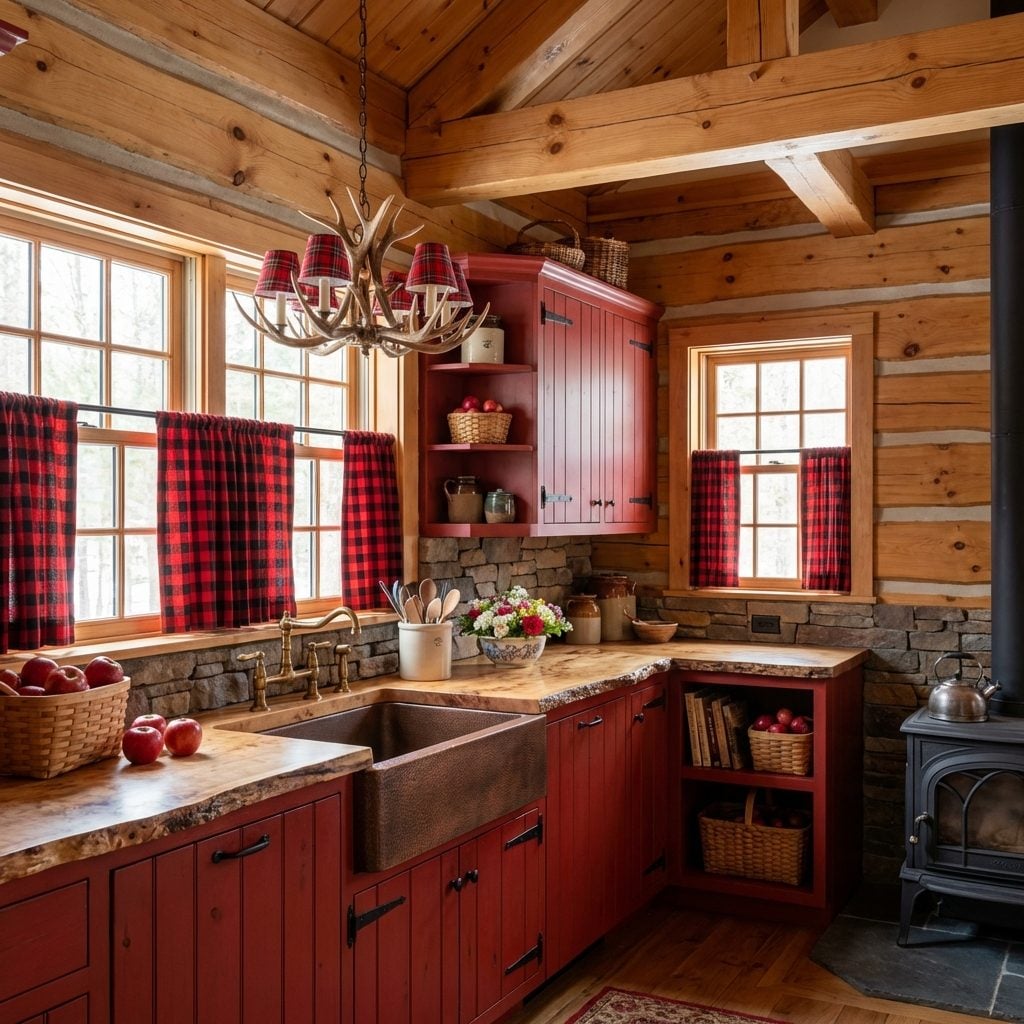 Buffalo Plaid Cafe Curtains Echo Crimson Cabinets in Log-Beam Kitchen
