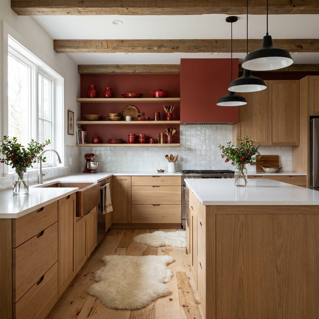 Floating Shelves Against Terracotta Walls Display Red Ceramic Collection