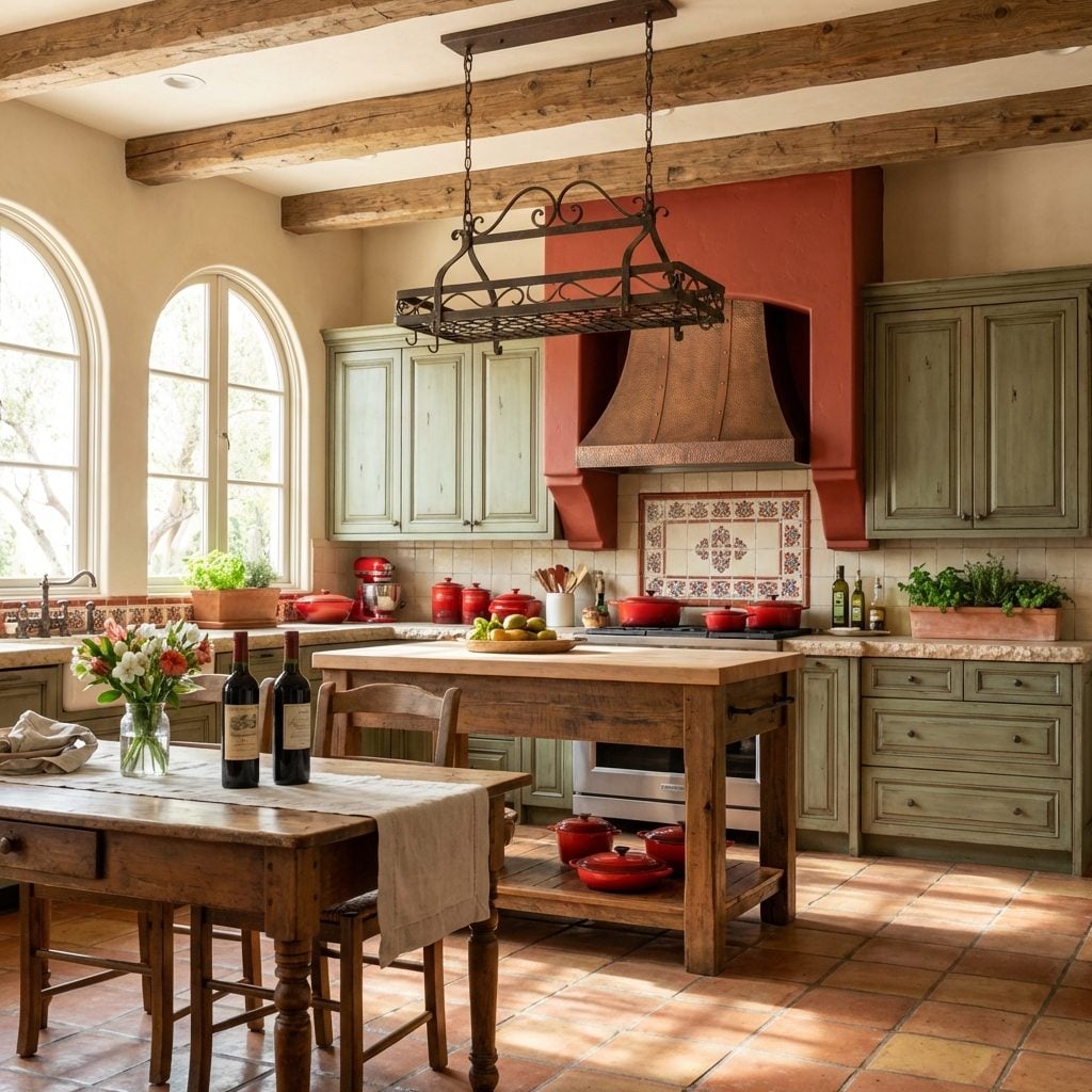 Sage Green Cabinets Anchor Terra Cotta Range Wall with Exposed Wood Beams