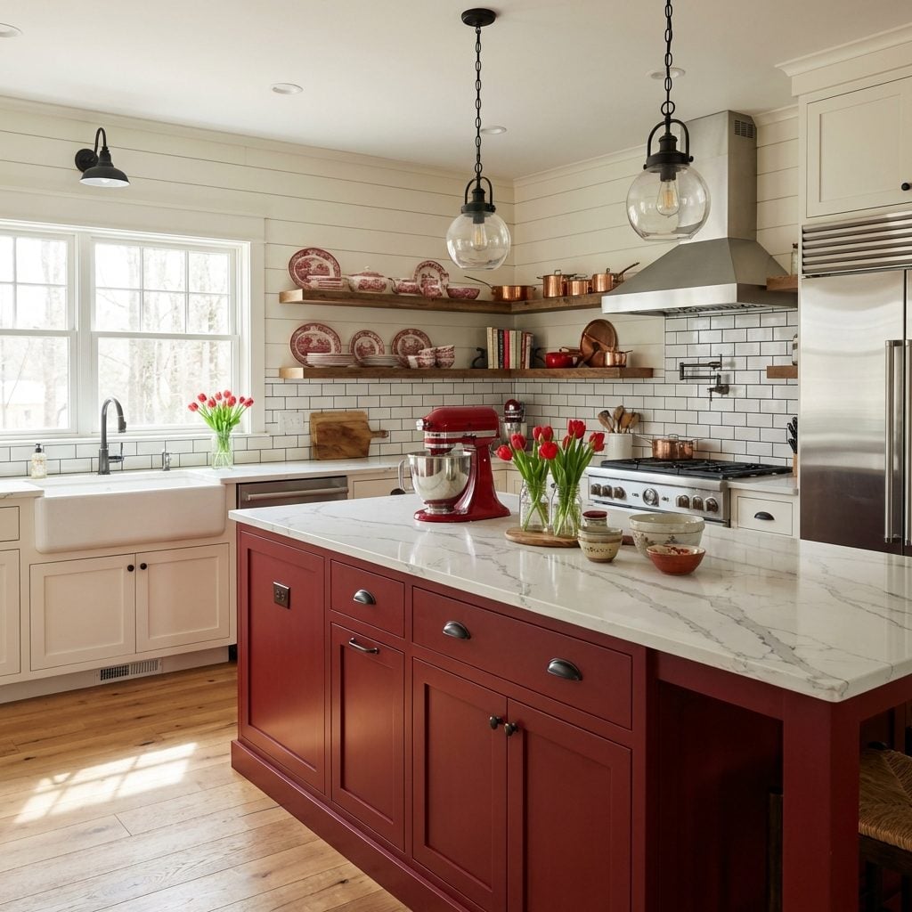 Classic Farmhouse Island Pairs Deep Cherry Red Base with White Marble Top