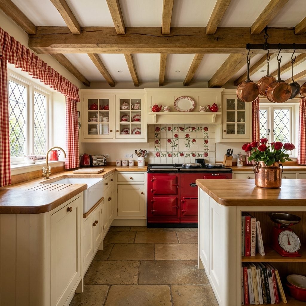 Copper Pots Dangle Above Crimson AGA Range in Exposed Beam Kitchen