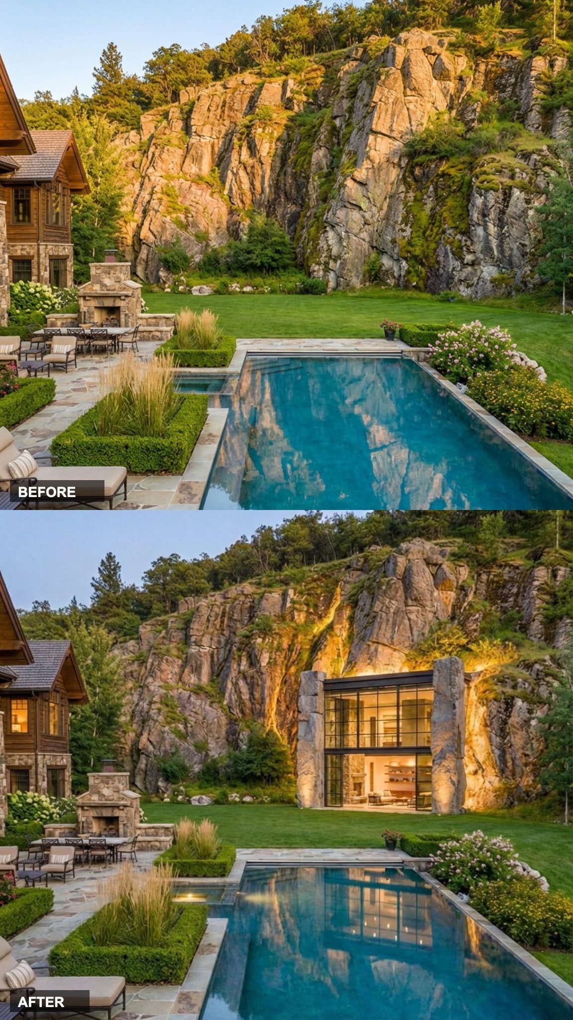 Raw Granite Columns and Double-Height Glass Turn a Cliff Wall Into an Architectural Statement