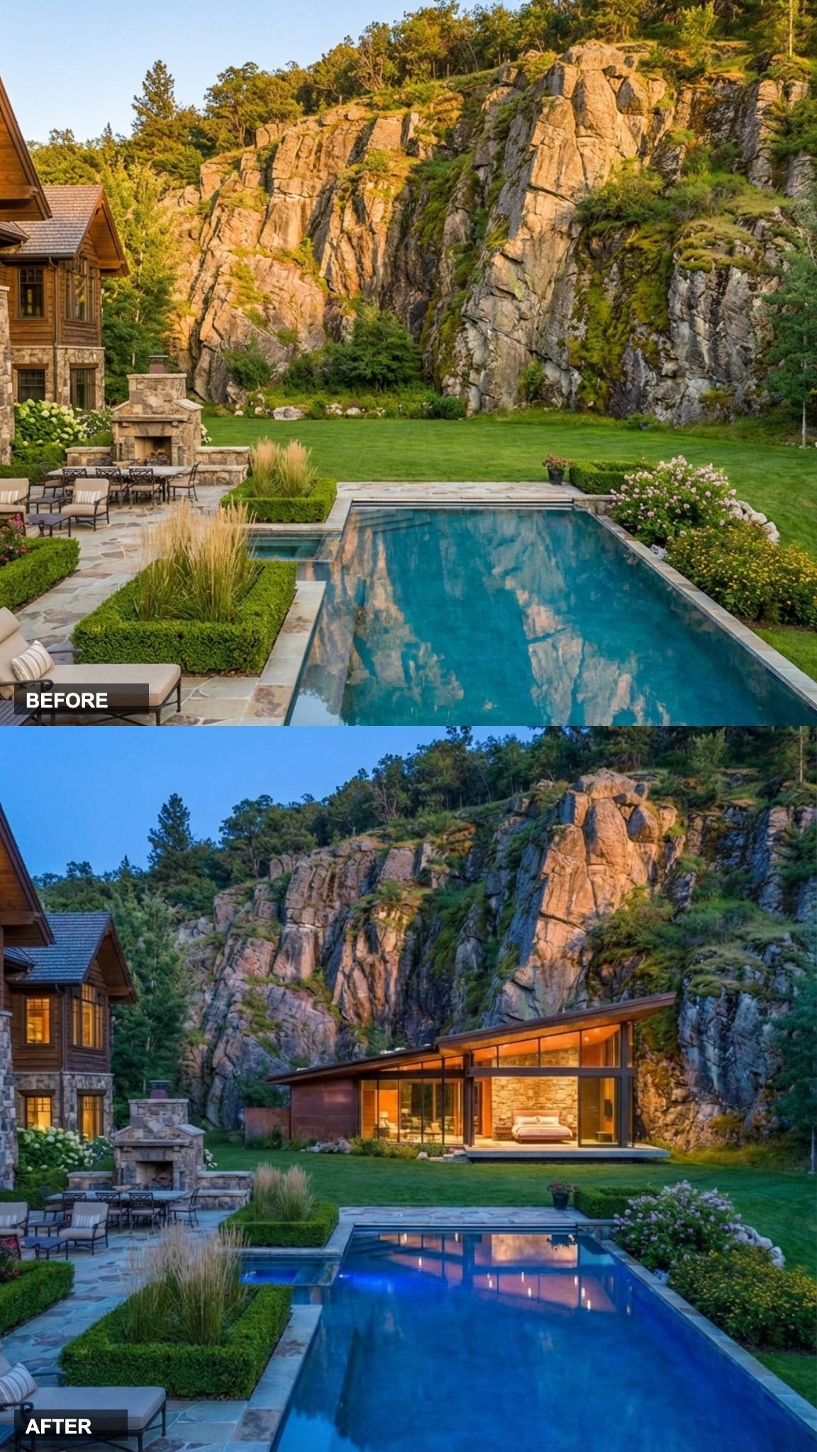 A Low-Slung Glass Pavilion With a Roofline That Follows the Granite's Own Slope